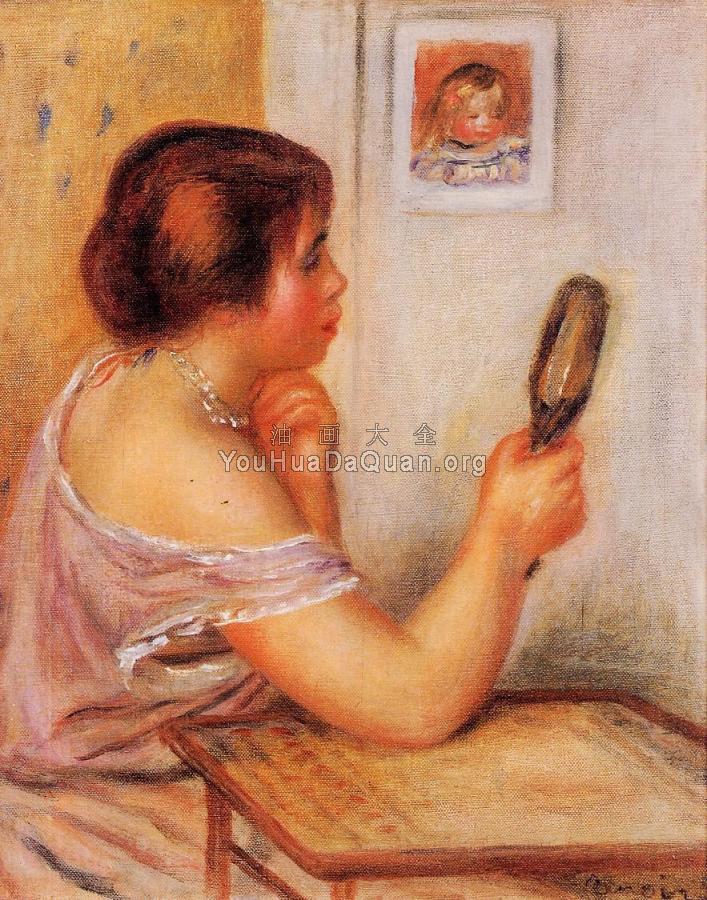 Gabrielle Holding a Mirror with a Portrait of Coco - 皮埃尔·奥古斯特·雷诺阿